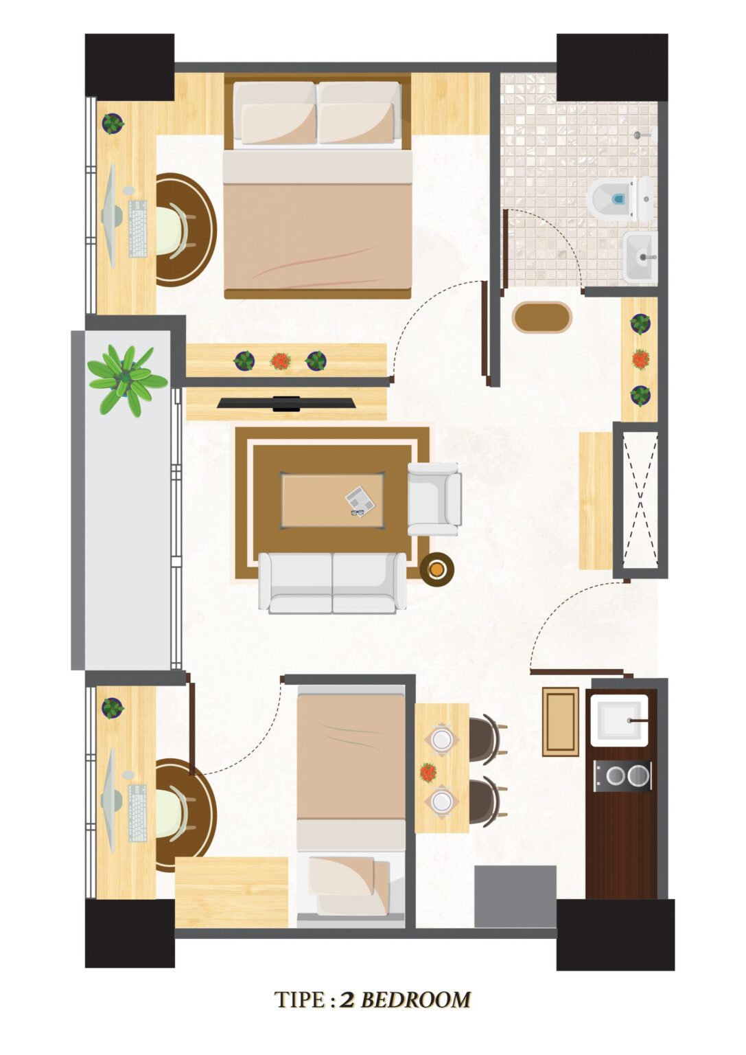 Layout Tipe 2 Bedroom
